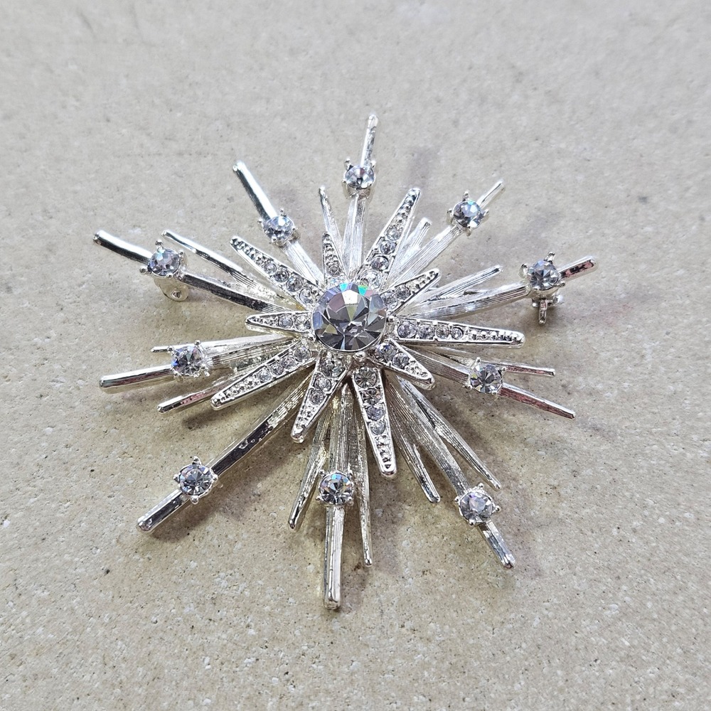 Vtg‎ Avon SP Silver Tone Rhinestone Starburst Celestial Brooch Pin Clear Stones